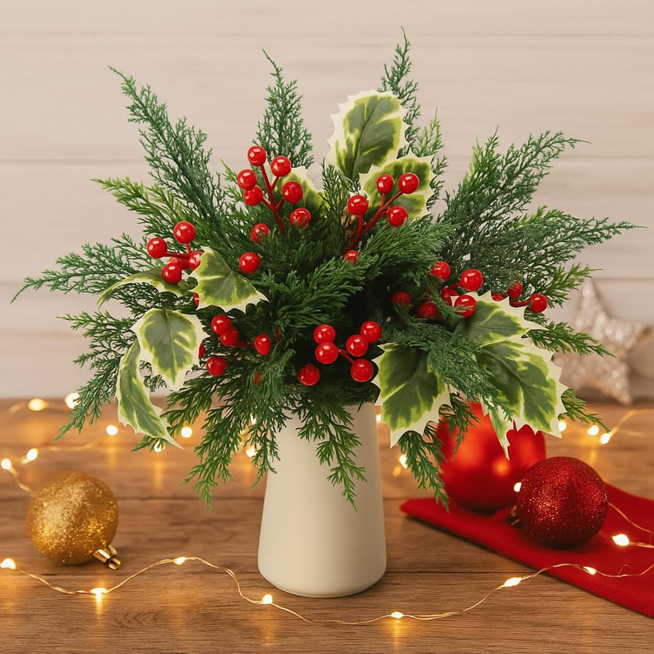 70 Pcs Christmas Artificial Flowers Pine Branches with Red Berry Stems (Green, Red) 13.78"D x 8.27"W x 2.36"H